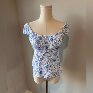 Hollister Blue and White Floral Off-Shoulder Top